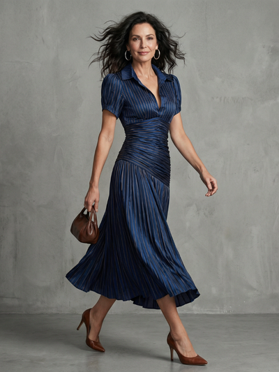 Theodora | Vestito Midi a Strisce con Vita Plissettata
