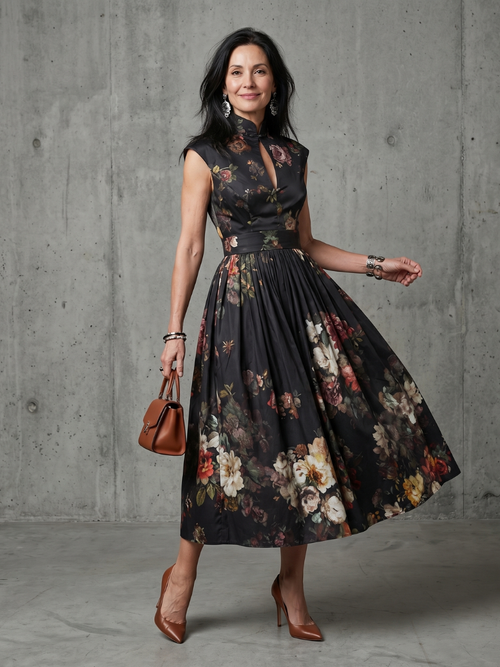 Greta | Abito midi plissettato floreale con collo alto e apertura a chiave