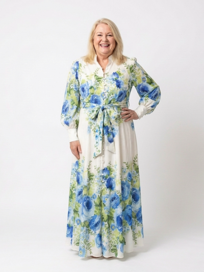 Harper | Abito Maxi a Maniche Lunghe con Fiori e Bottoni