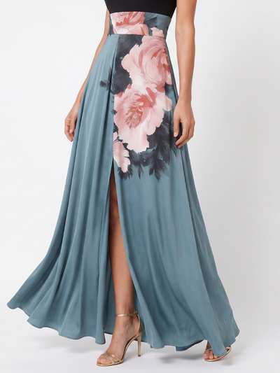 Olympas | Abito Maxi in Tulle con Corpino a Halter e Fantasia Floreale