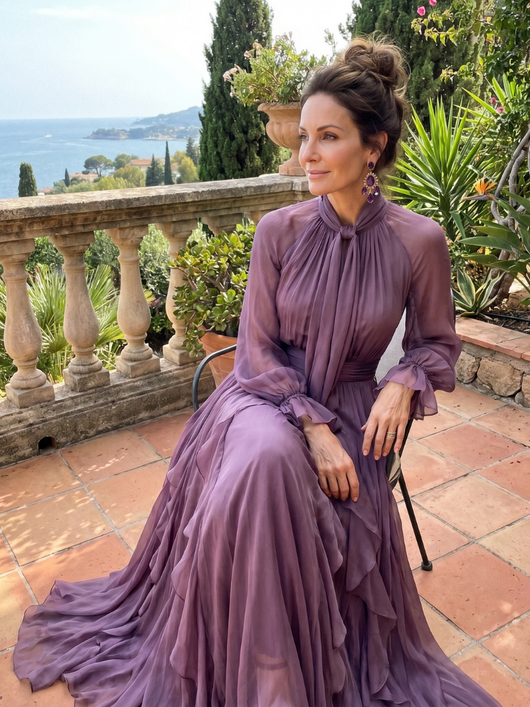 Demetria | Abito Maxi con Dettagli a Volant e Collo Legato