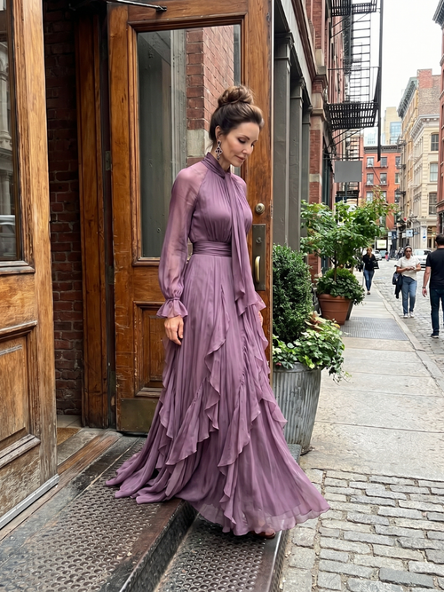 Demetria | Abito Maxi con Dettagli a Volant e Collo Legato